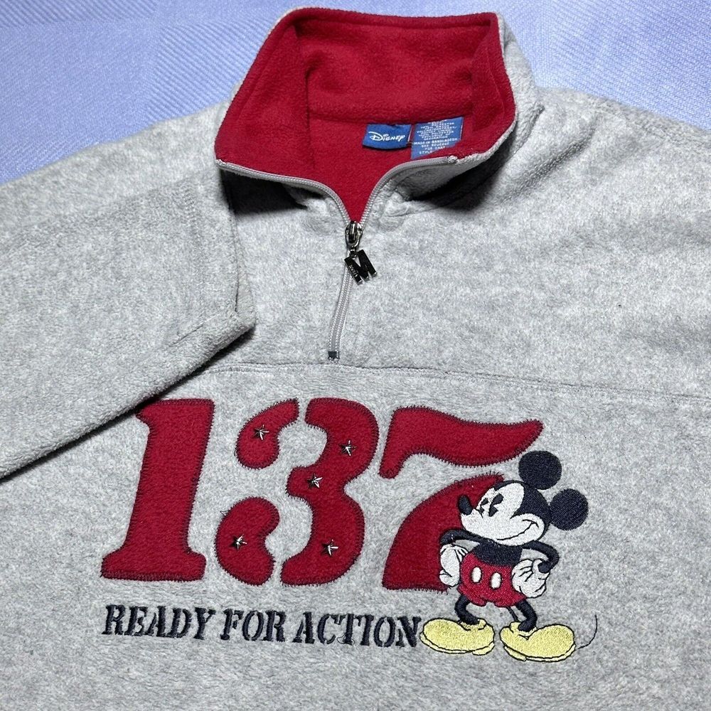 Disney Mickey Mouse 137 Ready For Action‎ Gray 1/4 Zip Fleece Sweater Size Large